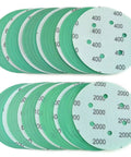 50Pcs 6 Inch 6 Hole Wet Dry Sanding Discs Assortment Set Green Film Back Grit 60 120 150 240 400 600 800 1000 1500 2000