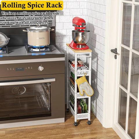 Slim 4 Tier Rolling Storage Cart With Wood Top For Narrow Spaces In Kitchen Laundry Room And Bathroom Metal Narrow Shelf Unit Mobile Organizer Trolley With Handle For Tight Corners next to stove