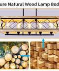 Farmhouse Style Metal Kitchen Island Light Fixture Wood Frame Pendant Lights Height Adjustable Chandelier Five Light