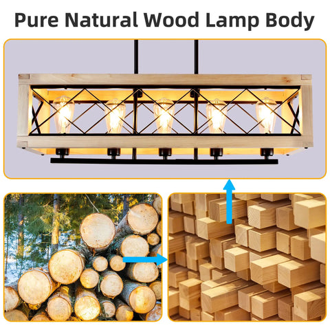 Farmhouse Style Metal Kitchen Island Light Fixture Wood Frame Pendant Lights Height Adjustable Chandelier Five Light