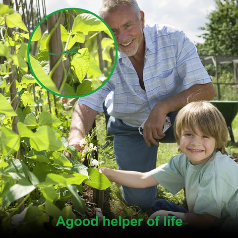 Man and child using Two Pack 492Ft Garden Twist Ties With Built In Cutter No Fuss, Rustproof Green PVC Coated Plant Ties For Gardening