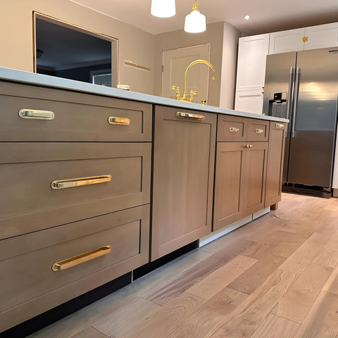 Solid Brass Cabinet Pull With Backplate, 6.5 Inch L-Shaped Handle In Polished Unlacquered Finish on kitchen cabinets