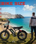 Premium Adult Electric Bike With A Badass 3000W Peak Brushless Hub Motor, Packing A Massive 48V 33Ah Removable Battery shown with size details in scenic view.