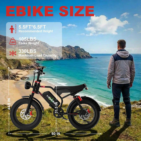 Premium Adult Electric Bike With A Badass 3000W Peak Brushless Hub Motor, Packing A Massive 48V 33Ah Removable Battery shown with size details in scenic view.