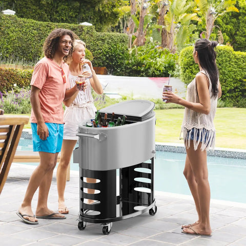 70-Quart Rolling Patio Cooler With Wheels Insulated Ice Chest for Outdoor Barbecues Pool Parties Camping and Beach Trips