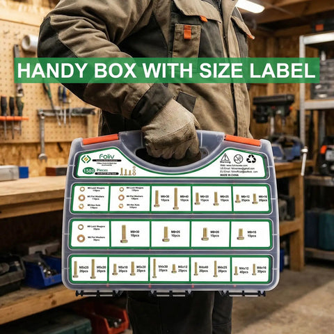 Person holding massive 1580 piece metric bolt kit with M4 M5 M6 M8 nuts and bolts, grade 8.8 alloy steel, yellow zinc plated