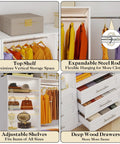 The Real Deal Walk In Closet Organizer System Featuring Four Modular Units, showcasing top shelf, expandable steel rods, adjustable shelves, and deep wood drawers.