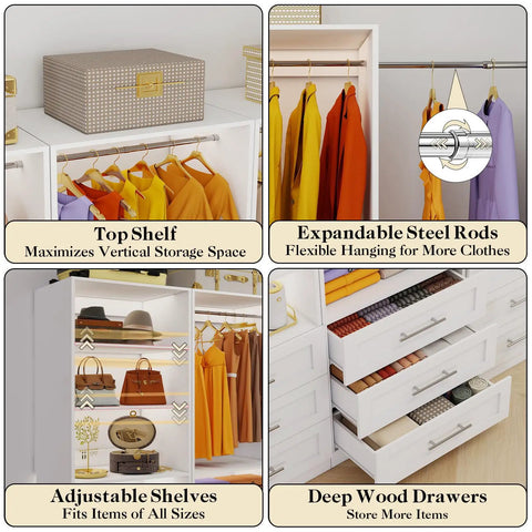 The Real Deal Walk In Closet Organizer System Featuring Four Modular Units, showcasing top shelf, expandable steel rods, adjustable shelves, and deep wood drawers.