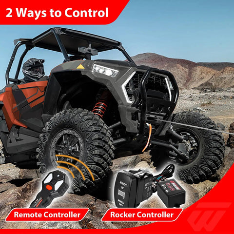 WeiSen 4500lb Electric Winch Kit With Remote For Polaris RZR XP 1000 And General Models, featuring remote and rocker controller.