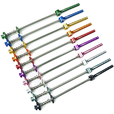 OMNI Racer World quick-release wheel skewers set; assorted color anodized aluminum handles, front view
