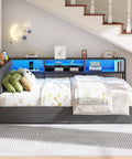 Super Solid Corner Twin XL Bed Frame With Built In Storage Bookcase And Plush Tufted Upholstered Headboard For Kids Room design under stairs.