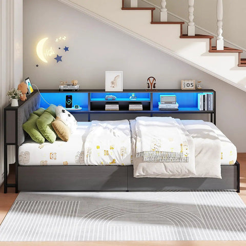 Super Solid Corner Twin XL Bed Frame With Built In Storage Bookcase And Plush Tufted Upholstered Headboard For Kids Room design under stairs.