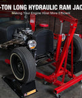 8 Ton Hydraulic Long Ram Jack With Dual Piston Pump in use with engine hoist in garage, clevis base visible, heavy lifting