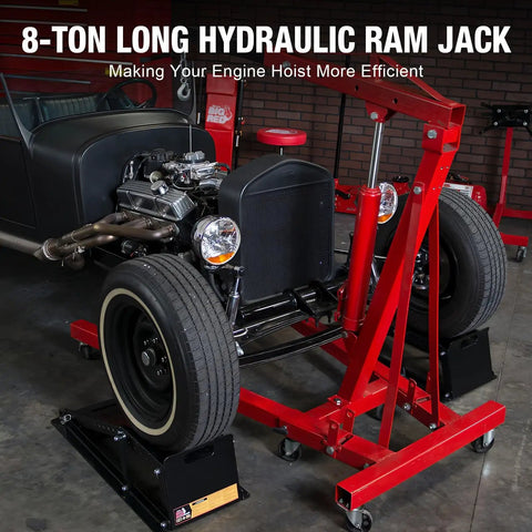 8 Ton Hydraulic Long Ram Jack With Dual Piston Pump in use with engine hoist in garage, clevis base visible, heavy lifting