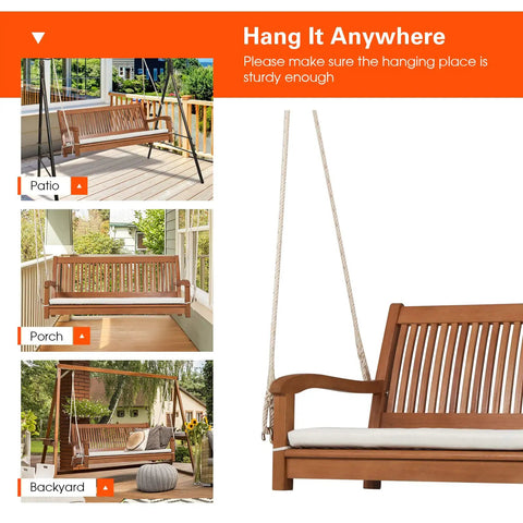Two Person Outdoor Hanging Porch Swing With High Back And Cozy Armrests, Heavy Duty 800 Lb Capacity, Eucalyptus Wood Bench Display