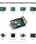 Heavy Duty 5000mAh Ups Battery For Raspberry Pi 4B And 3B Plus connecting various Pi models and DIY modules like sensors and OLED display.