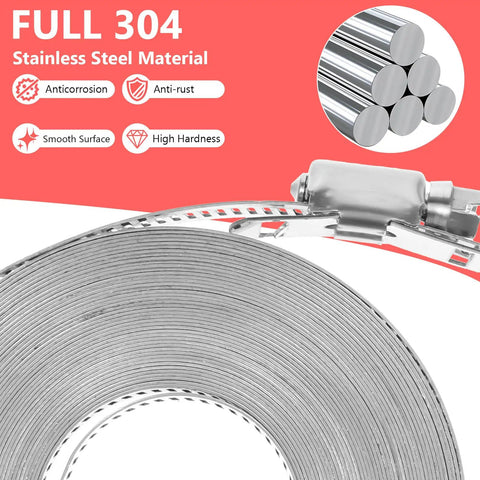 DIY Cut To Fit 304 Stainless Steel Worm Gear Hose Clamps Kit showing close-up of strap and fasteners on red background