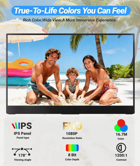 Ultra Slim 15.6 Inch FHD IPS Portable Monitor With Adjustable Stand USB C Compatible Screen Extender featuring vivid beach scene.