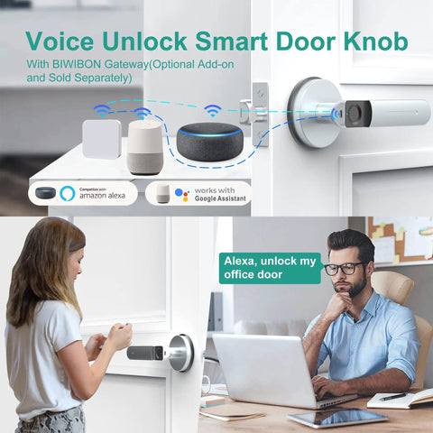 Smart Door Knob With App Control And Biometric Fingerprint Access Supports Up To 100 Fingerprints For Keyless Entry And Emergency Backup Keys Silver Finish For Interior Doors shown with voice control feature.