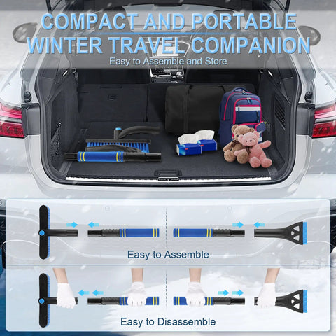 Car trunk with a 32 Inch Extendable Ice Scraper And Snow Brush For Cars And SUVs with 360 Degree Rotating Brush disassembled on the floor.