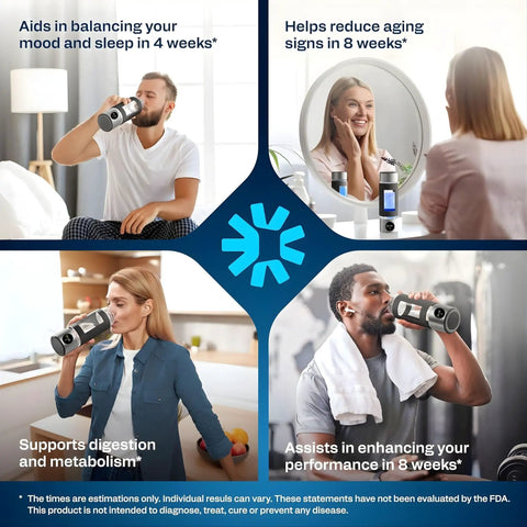 Collage showing people using Hydrogen Water Bottle With 6000 PPB Concentration Portable 16.2 Oz Generator And SPE PEM Ionizer