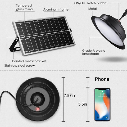 Dual Color Solar Shed Lights 2 Pack With Remote showing solar panel, pendant lamp, and size comparison with phone.