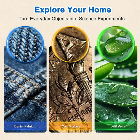 Kids Microscope Orange Deer Digital Handheld STEM Kit With 1080P Camera And 600X Zoom Cool Portable Science Toy For Outdoor Camping And Backyard Fun Educational Gift For Boys And Girls Ages 5-12 showing denim fabric, coin surface, and leaf veins