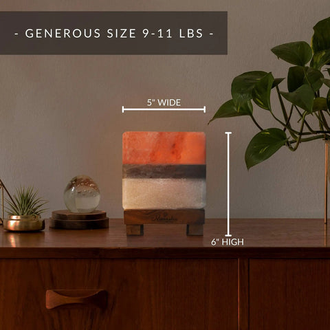 Dual Illumination Himalayan Salt Rock Lamp with Real Pink White and Grey Salt Block on a wooden stand, 5x6 inches