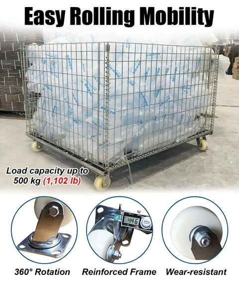 Built Strong Workhorse Collapsible Wire Mesh Storage Crate With Four Heavy Duty Swivel Casters And One Thousand Pound Capacity for easy rolling with 500 kg load.