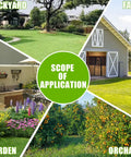 Collage of a backyard, farm, garden, and orchard, showing diverse applications for outdoor soil sampling with 40 inch stainless steel probe.