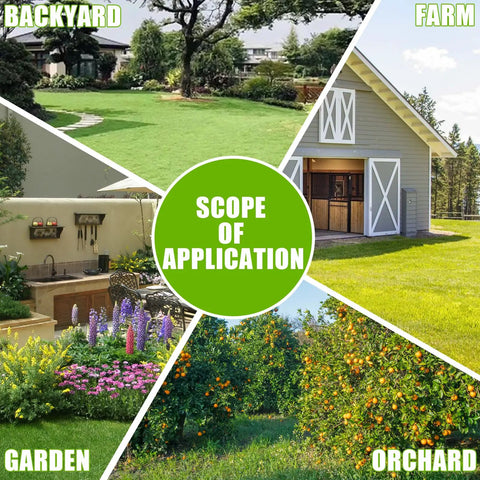 Collage of a backyard, farm, garden, and orchard, showing diverse applications for outdoor soil sampling with 40 inch stainless steel probe.