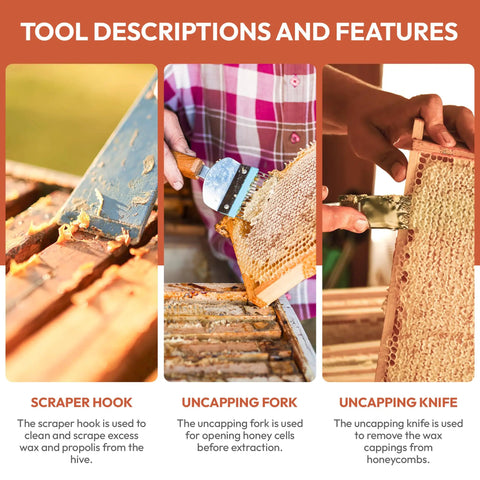 Beekeeping Starter Kit With 11 Essential Tools Including Stainless Steel Smoker Hive Tool Frame Lifter Uncapping Fork Scraper Hook And Water Resistant Tool Bag For Beginners And Pros, scraper hook, uncapping fork, uncapping knife in use