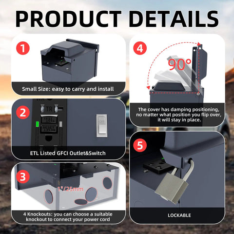 Solid As A Rock Weatherproof Outdoor Outlet Box Featuring Integrated GFCI Receptacle And Wall Switch ETL Certified, showing product details and features.