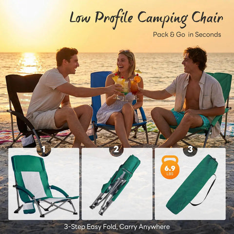Three people enjoy a sunset at the beach with Low Profile Folding Beach Chair With Cup Holders And Carry Bag, Extra Wide Seat And High Back, Portable Camping Chair For Adults, Ideal For Beach Chill Sessions, Outdoors, Travel, And Concerts, Blue. Steps to fold and carry illustrated below.