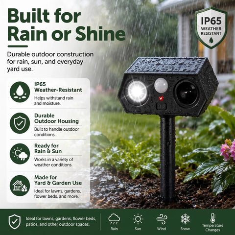 Solar Ultrasonic Critter Repeller With Motion Sensor And LED Flashing Light For Outdoor Yards And Gardens Deterring Deer Cats Dogs Rabbits Squirrels Raccoons And More Two Pack, IP65 weather-resistant