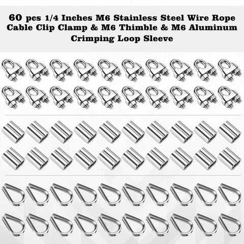 60 Piece M6 Stainless Steel Rope Cable Clamp Kit With Thimble And Aluminum Crimp Loop Sleeves For One Quarter Inch Wire Rigging
