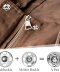 Easy Sew On Snap Buttons for Clothing and Accessories 8mm 10mm 12mm Metal Fasteners Press Studs for Bags Hats Jackets Cardigans DIY Sewing Craft Projects shown on brown fabric with zipper detail