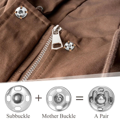Easy Sew On Snap Buttons for Clothing and Accessories 8mm 10mm 12mm Metal Fasteners Press Studs for Bags Hats Jackets Cardigans DIY Sewing Craft Projects shown on brown fabric with zipper detail
