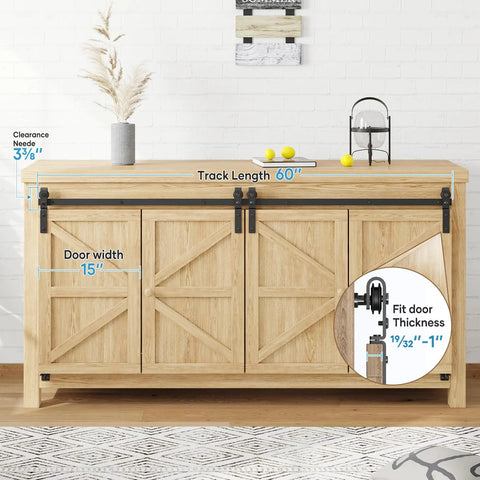 Five Foot Mini Cabinet Bi Folding Sliding Barn Door Hardware Track Kit For Four Doors installed on wooden cabinet
