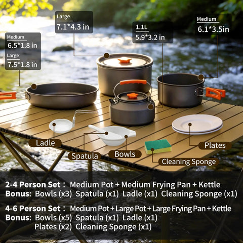 Collapsible Camping Cookware Set With Nonstick Pots, Pans, And Kettle For 2-4 People - Hard-Anodized Aluminum on a wooden table