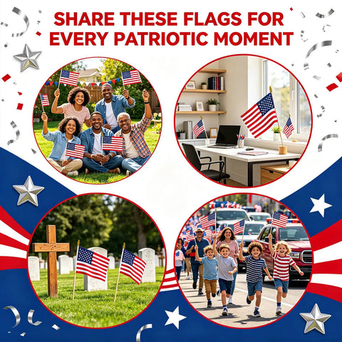 Families, grave with flags, and parade with 8x12 Inch American Flags On Sticks, 12 Pack With 17.5 Inch Wooden Poles