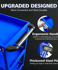 Three Tier Rolling Tool Cart With Beefy Steel 440 Lbs Capacity Thick 0.9mm Construction Rust Resistant Powder Coat Finish Easy Assembly Mobile Utility Cart For Mechanics Garage Workshop Warehouse, blue handle close-up