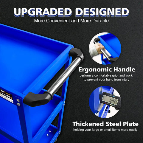 Three Tier Rolling Tool Cart With Beefy Steel 440 Lbs Capacity Thick 0.9mm Construction Rust Resistant Powder Coat Finish Easy Assembly Mobile Utility Cart For Mechanics Garage Workshop Warehouse, blue handle close-up