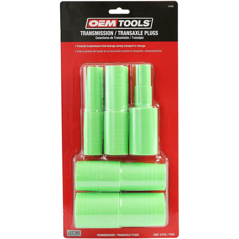 5 Piece Transmission And Transaxle Plug Set With Leak Proof Stepped Design For Universal Fit In Most Domestic And Import Vehicles Includes Side Gear Centering Pin And Seals From 1 Inch To 2.18 Inches packaged on red card