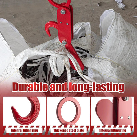 Gravity Powered Automatic Safety Hook for 2200 Lb Lifting in use with ton bag, showing integral lifting ring and steel plate.