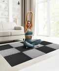 Person stretching on Interlocking EVA Foam Floor Tiles 24x24 Inch 0.4 Inch Thick Gym Flooring For Home Gyms Garages And Basements