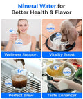 Collage showcasing wellness, vitality, coffee brewing, and pasta cooking benefits of Mineral Rich A2G Countertop Reverse Osmosis System.