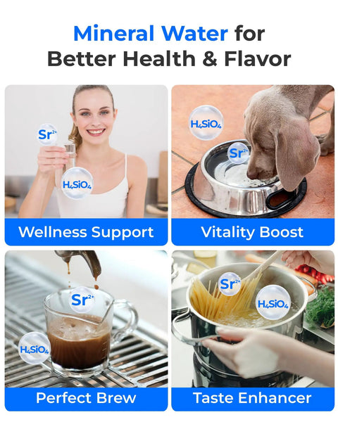 Collage showcasing wellness, vitality, coffee brewing, and pasta cooking benefits of Mineral Rich A2G Countertop Reverse Osmosis System.