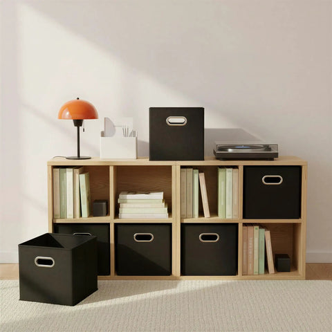 Six Piece Set Foldable Fabric Storage Bins Featuring Rock Solid Chipboard Panels And Grommet Handles Stackable Closet Organizer Game Changer For Small Spaces And College Dorms Black