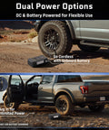 Powerful Heavy Duty Tire Inflator Portable Air Compressor With 12000mAh Battery 150 PSI Output by truck on rugged terrain